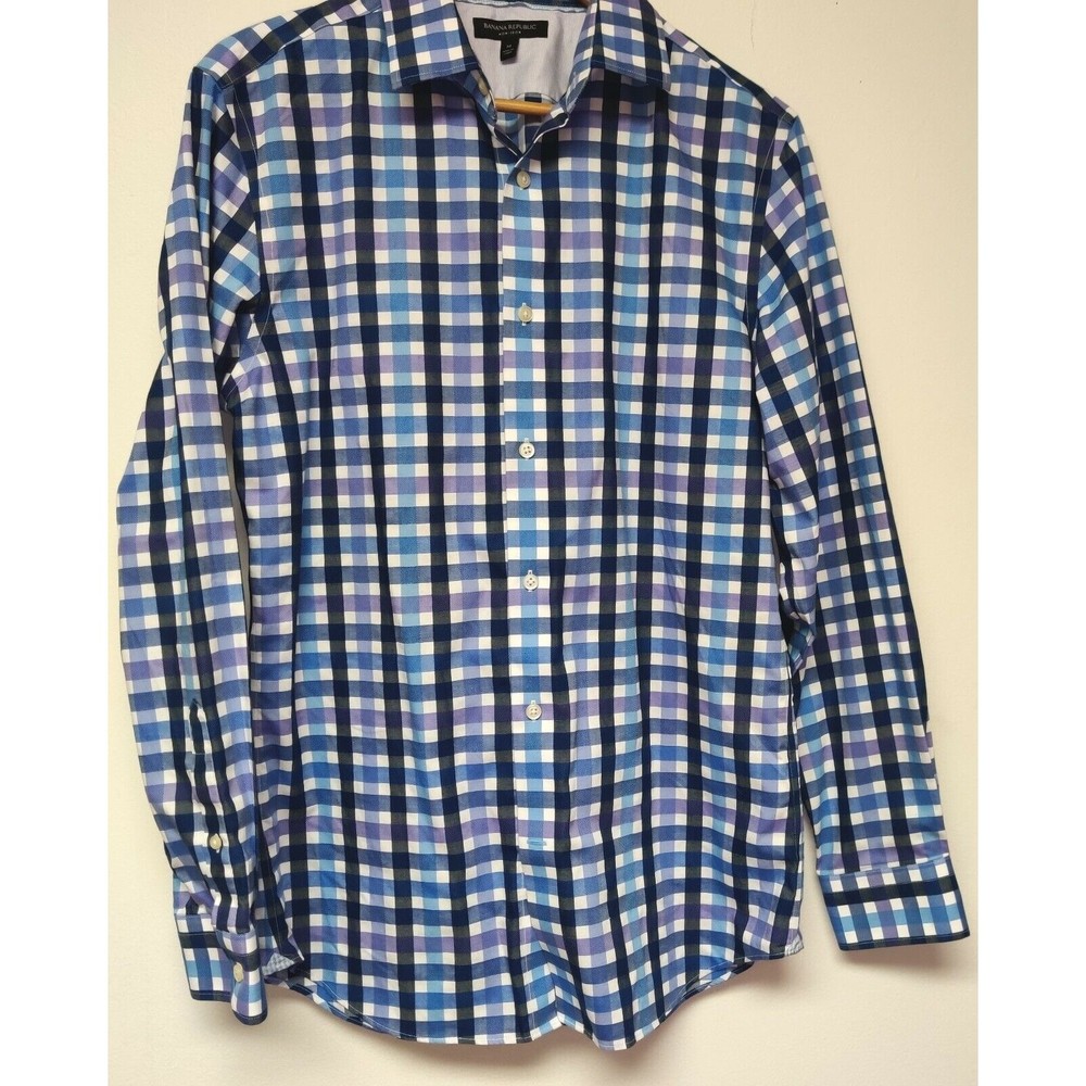 Banana Republic Long Sleeve Button Up Shirt Mens Medium Purple Blue Plaid Easter
